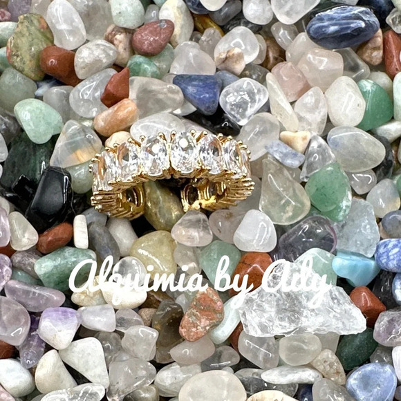 Gold diamond  style chunky jewel Tone gem ring band cuff - Picture 2 of 8